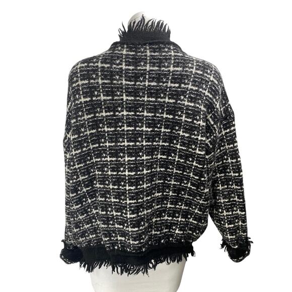 Robertson + Rodeo Women's Black Wool Tweed Fringe Knit Cardigan Sweater Top M/L - Picture 2 of 4
